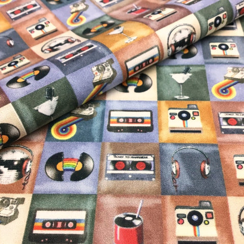 [テクスタ] カセット＆レコード柄-ベージュマルチ #8480